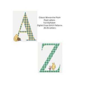May include: Two cross-stitch letters, A and Z, with plaid patterns in yellow and blue, and green and blue. Winnie-the-Pooh characters are featured. Text reads: Classic Winnie-the-Pooh, Plaid Letters, Full Alphabet, Digital Cross Stitch Patterns, All 26 Letters.
