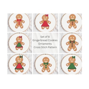 May include: Set of eight gingerbread cookie ornaments in cross-stitch patterns. Each ornament is in a round hoop and features a gingerbread person with a bow tie or dress. The text reads "Set of 8 Gingerbread Cookies Ornaments Cross Stitch Pattern."