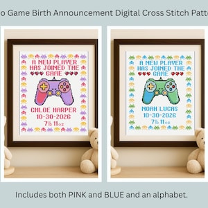 Könnte beinhalten: Zwei gerahmte Kreuzstichmuster verkünden die Geburt eines Babys mit Videospiel-Motiv. Eines zeigt einen rosa-lila Controller, das andere einen blau-grünen Controller. Jedes enthält den Namen des Babys, das Geburtsdatum und das Gewicht.