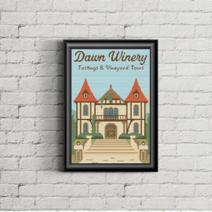 May include: Framed cross-stitch art featuring a building with red-roofed towers and a central structure. The artwork includes the text "Dawn Winery Tastings & Vineyard Tours" in a decorative font, set against a blue sky background.