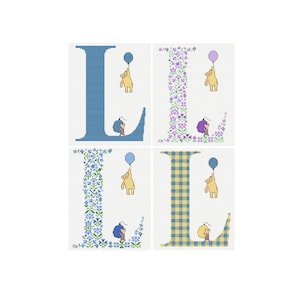 May include: Four cross-stitch designs featuring the letter "L". Each design includes a yellow bear holding a balloon and a small character. The letters are blue, purple, blue floral, and yellow plaid.