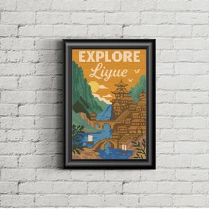 May include: Framed art print with a cross-stitch design of a landscape. The artwork shows mountains, a river, bridges, and traditional buildings, with the text "EXPLORE Liyue." The colours are green, blue, orange, and brown.