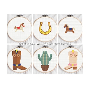 May include: A set of 10 small Western cross-stitch patterns, each in a wooden hoop. Designs include a horse, horseshoe, cowboy boot, and cactus. The text "Set of 10 Small Western Cross Stitch Patterns" is displayed.