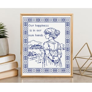 Può includere: Un motivo a punto croce incorniciato con un disegno blu scuro su sfondo bianco. L'immagine raffigura una persona con i capelli raccolti in uno chignon che guarda verso una casa in lontananza, con il testo "Our happiness is in our own hands".