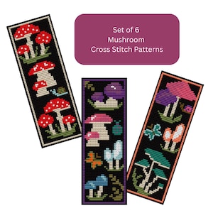 May include: Set of six mushroom cross stitch patterns. Each pattern features a different design of colorful mushrooms, with red, pink, purple, and teal mushrooms on a black background. The patterns are rectangular and have a border.