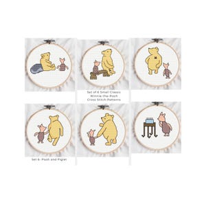 Kleines klassisches Winnie-the-Pooh Kreuzstichmuster: Ferkel, Schmetterling und Kuchen (Digitaler Download)