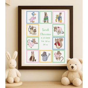 May include: Framed cross-stitch artwork with nine animal illustrations. The central panel reads "Sarah Christine", date, weight, and height. The frame is dark brown, and the artwork is on a light background. Height is 50.8 cm.