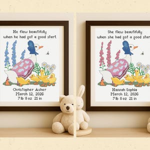 Custom Jemima Puddleduck Birth Announcement Digital Cross Stitch Pattern, Personalized Beatrix Potter Baby Nursery Theme Boy and Girl Design