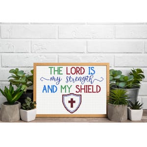 Patrón de punto de cruz "El Señor es mi fuerza y mi escudo": Descarga digital en PDF.