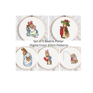 Padrões de Ponto Cruz de Beatrix Potter: Peter Rabbit - Conjunto Pequeno com 5 peças (Download Digital, PDF)