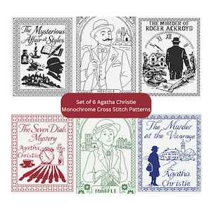 Set med 6 Agatha Christie korsstygnsmönster: Monokrom (digital nedladdning, PDF)