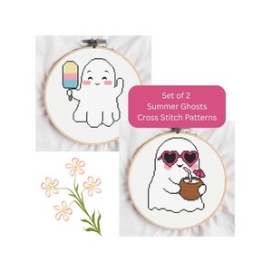 May include: Two cross-stitch patterns with summer ghost designs. One ghost holds a colourful ice lolly, the other wears heart-shaped sunglasses and sips from a coconut. The text reads "Set of 2 Summer Ghosts Cross Stitch Patterns."