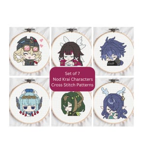 May include: Set of 7 Nod Krai Characters cross stitch patterns. Each pattern is displayed in a wooden embroidery hoop. The designs feature colorful anime-style characters with detailed features and expressions. The background is a white fabric.