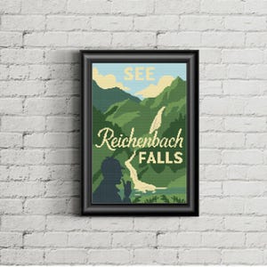 May include: Framed poster with a black border, displaying a landscape scene. The poster reads "SEE Reichenbach FALLS" in a vintage style. The artwork depicts green mountains, a waterfall, and a silhouette of a person.