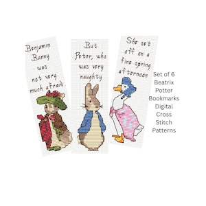 Puede incluir: Juego de seis marcadores de libros de Beatrix Potter con patrones de punto de cruz digital. Los marcadores de libros presentan imágenes bordadas de Peter Rabbit, Benjamin Bunny y Jemima Puddle-Duck, con texto de las historias.
