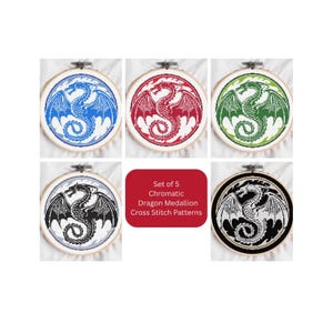Conjunto de medallones de dragón: patrón de punto de cruz para descarga digital en PDF.