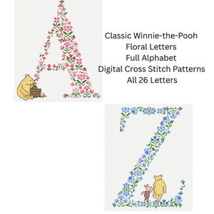 May include: Digital cross-stitch patterns featuring floral letters from the Classic Winnie-the-Pooh collection. The letter "A" is adorned with pink and red flowers, while the letter "Z" is decorated with blue flowers. The patterns include all 26 letters of the alphabet.
