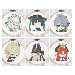 May include: Six cross-stitch embroidery hoops featuring cartoon character portraits. Each portrait is a different character with unique hair and clothing, set against a white background. The hoops are held in place by a wooden frame.