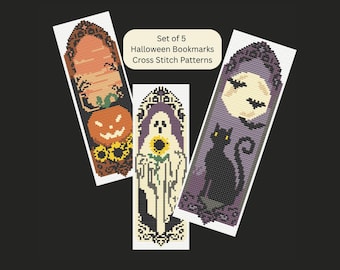 Halloween Bookmarks Cross Stitch Patterns: Set of 5 (Digital Download, PDF)