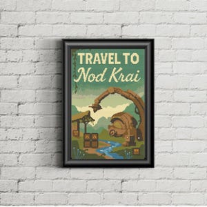 May include: Framed art print with the text "TRAVEL TO Nod Krai" in a pixelated style. The artwork depicts a landscape with a river, industrial machinery, and a stylized mountain range, in shades of green, brown, and blue.