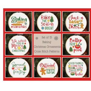 May include: A set of 15 Christmas ornaments with cross-stitch patterns, featuring baking-themed phrases and images. Each ornament is round, with phrases like "Baking Sweet Memories" and "Just a Dash of Cheer."