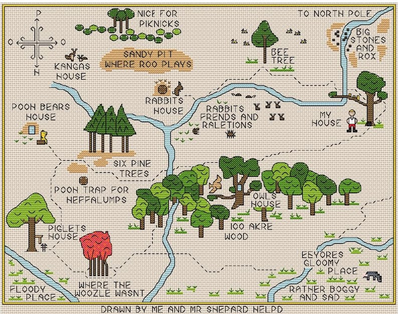May include: A cross-stitch map of the Hundred Acre Wood, featuring locations like Rabbit's House, Owl's House, and Piglet's House. The map includes text labels and illustrations of trees, rivers, and characters. The text at the bottom reads "DRAWN BY ME AND MR SHEPARD HELPD."