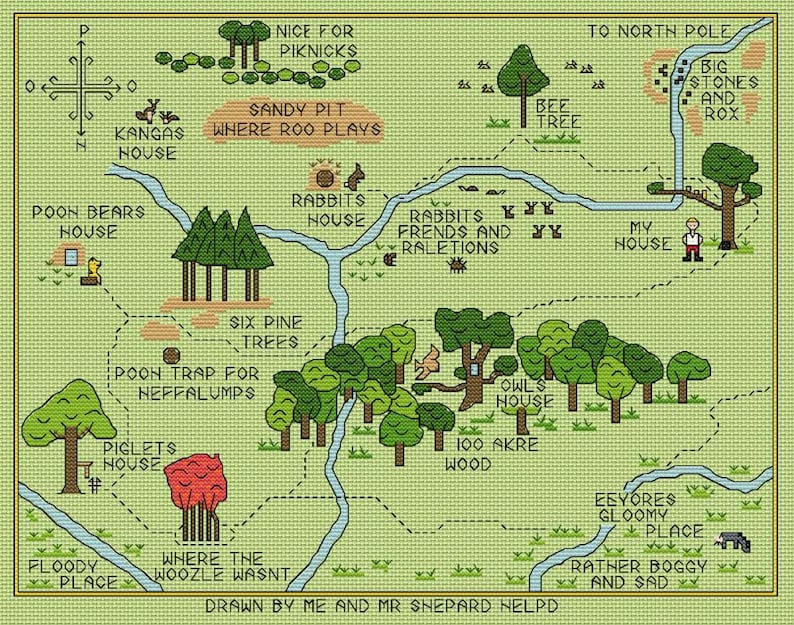 May include: A cross-stitch map of the Hundred Acre Wood, featuring locations like Rabbit's House, Owl's House, and Piglet's House. The map is in shades of green, brown, and blue, with text labels indicating various places and landmarks.