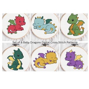 May include: Six cross-stitch patterns of baby dragons in embroidery hoops. Each dragon is a different color: red, blue, green, dark green, yellow, and purple. The text "Set of 6 Baby Dragons Digital Cross Stitch Patterns" is above the hoops.