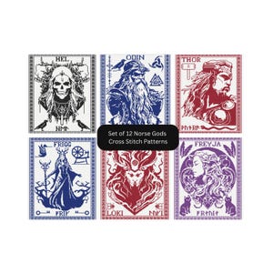 May include: A collection of six cross stitch patterns featuring Norse deities including Hel, Odin, Thor, Frigg, Loki, and Freyja. Each rectangular design displays a monochromatic illustration with text labels and symbols. The central text reads Set of 12 Norse Gods Cross Stitch Patterns.