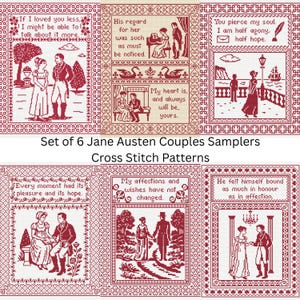 May include: Set of six Jane Austen couples samplers cross stitch patterns. Each sampler features a red and white design with quotes and illustrations of couples. The samplers are framed with decorative borders.
