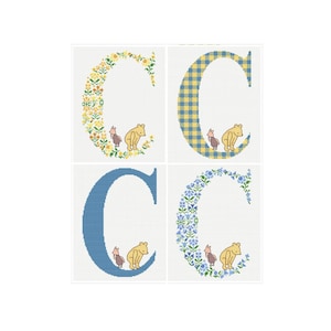 May include: Four cross-stitch designs of the letter "C". One is yellow floral, another is blue and yellow check, a third is solid blue, and the last is blue floral. Each design includes a bear and a small animal, all on a white background.