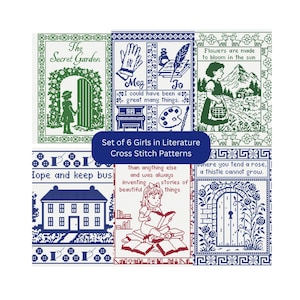 Set of 6 Girls in Literature Cross Stitch Patterns: Monochrome (Digital Download, PDF)