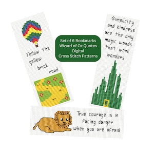 May include: Set of six cross-stitch bookmarks featuring quotes and imagery from The Wizard of Oz. Designs include a hot air balloon, yellow brick road, Emerald City, and a lion. The text reads "Follow the yellow brick road" and "True courage is in facing danger when you are afraid."