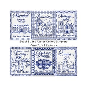 Op de afbeelding: Set van zes kruissteekpatronen met boekomslagen van Jane Austen. Elk ontwerp, in blauwtinten op wit, toont een boektitel en illustratie, waaronder "Pride and Prejudice" en "Northanger Abbey".