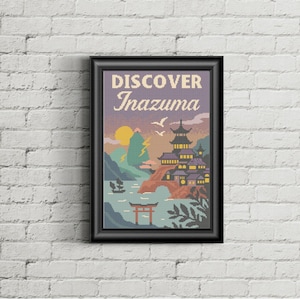 May include: A framed art print featuring a cross-stitch design of a Japanese landscape. The artwork includes a pagoda, a bridge, and a torii gate, with the text "DISCOVER Inazuma" at the top. The color palette includes shades of purple, orange, and green.