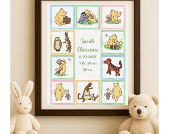 Custom Classic Winnie-the-Pooh Birth Record Cross Stitch Pattern: Quilt Character Design (Digital Download)