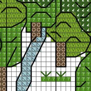 May include: A cross-stitch pattern featuring a pixelated landscape with trees, a waterfall, and grassy areas. The design uses shades of green, blue, and brown, with a grid background.