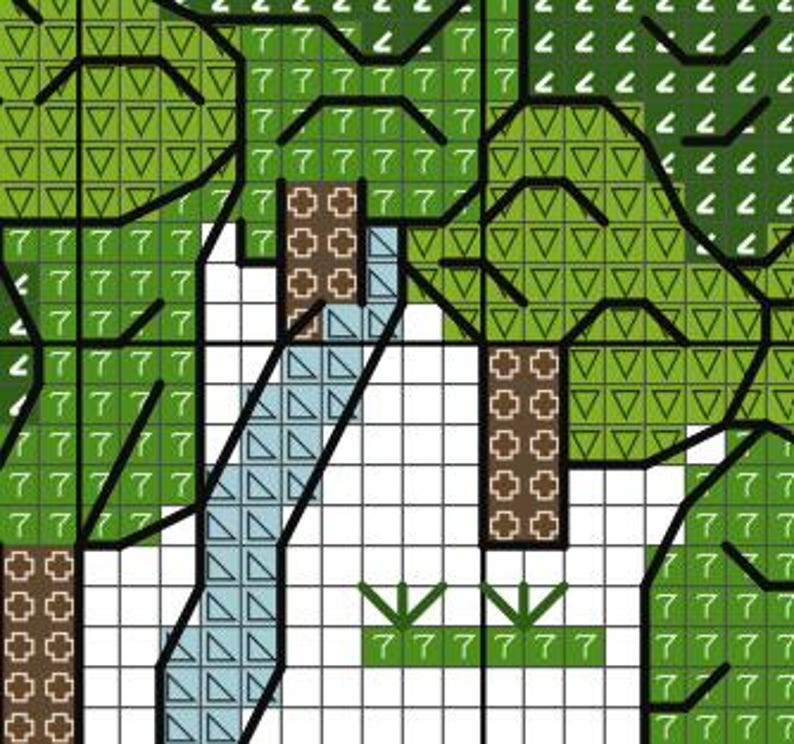 May include: A cross-stitch pattern featuring a pixelated landscape with trees, a waterfall, and grassy areas. The design uses shades of green, blue, and brown, with a grid background.