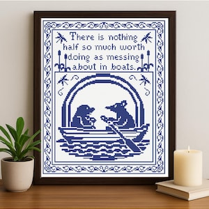 Wind in the Willows Sampler Digital Cross Stitch Pattern, Quote Messing About in Boats Monochrome Design, Rat and Mole on the River