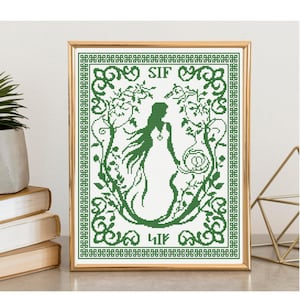 May include: A framed cross-stitch pattern featuring a green silhouette of a long-haired figure standing amidst swirling vines and floral motifs. The text SIF is printed at the top, with runic characters at the bottom, all enclosed in a border.