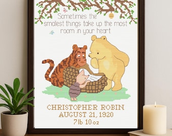 Classic Winnie-the-Pooh Birth Record Cross Stitch Pattern: Personalized Nursery Decor (Digital Download)