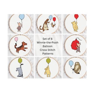 Könnte beinhalten: Set mit 8 Winnie-the-Pooh-Ballon-Kreuzstichmustern. Jedes Muster zeigt eine Figur, die einen Ballon hält. Zu den Figuren gehören Ferkel, Kanga und Roo, Winnie Puuh, Tigger, Eeyore und Owl.