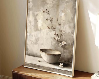 Wabi Sabi Japandi Wall Art, Neutral Still Life Print, Minimalist Ceramic Bowl