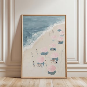 Impression de plage pastel | Art mural vintage style peinture | Affiche de mer bleue et rose pour décoration estivale, chambre, salon