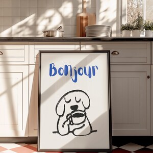 Minimalist Bonjour poster showcasing playful typography and a dog illustration.