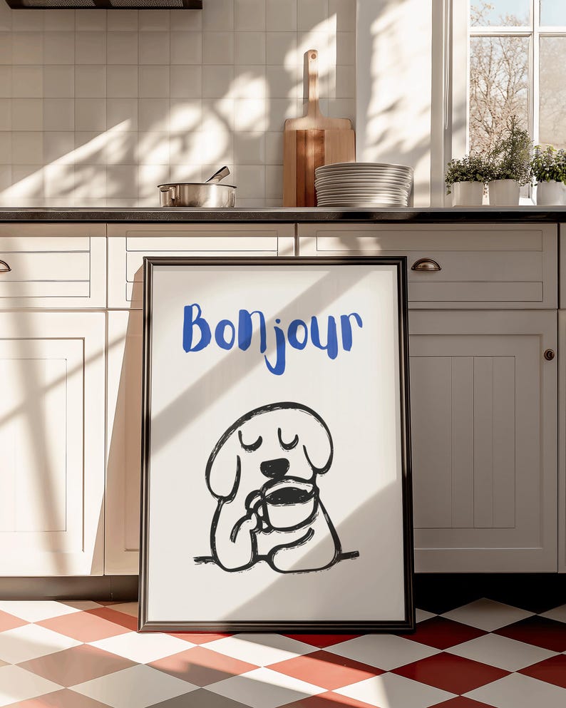 Minimalist Bonjour poster showcasing playful typography and a dog illustration.