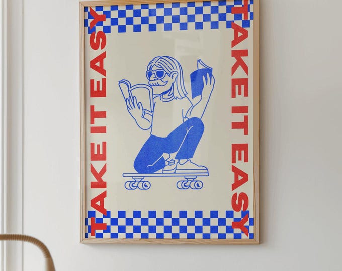 Retro Skateboard Wall Art, Teen Boy Skater Print, Checkerboard Poster for Bedroom Decor