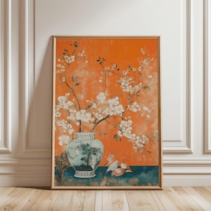 Chinoiserie Wall Art with Floral Pattern, Elegant Vase Print for Japandi Lovers, Orange Poster for Living Room, Kitchen and Bedroom Decor