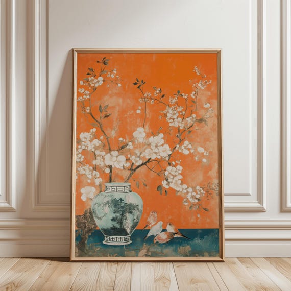 Chinoiserie Wall Art with Floral Pattern, Elegant Vase Print for Japandi Lovers, Orange Poster for Living Room, Kitchen and Bedroom Decor