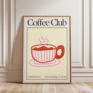 Pink Coffee Club Print, Minimalist Coffee Wall Art, Fun Retro Cafe Poster for Kitchen or Dining Room Decor